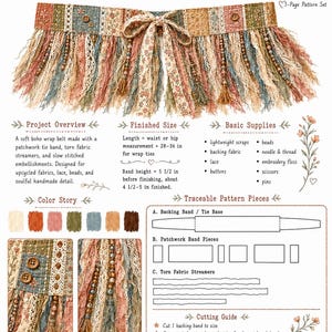 May include: A Boho Patchwork Wrap Belt pattern set featuring a patchwork tie band with torn fabric streamers, lace, and beads. The document includes a project overview, finished size of 5 1/2 inches band height, basic supplies, and traceable pattern pieces.