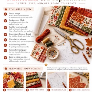 May include: A craft instruction sheet titled Materials & Preparation featuring a list of sewing supplies including fabric scraps in autumn colors, embroidery thread, scissors, needles, pins, and a maple leaf template for an applique project.