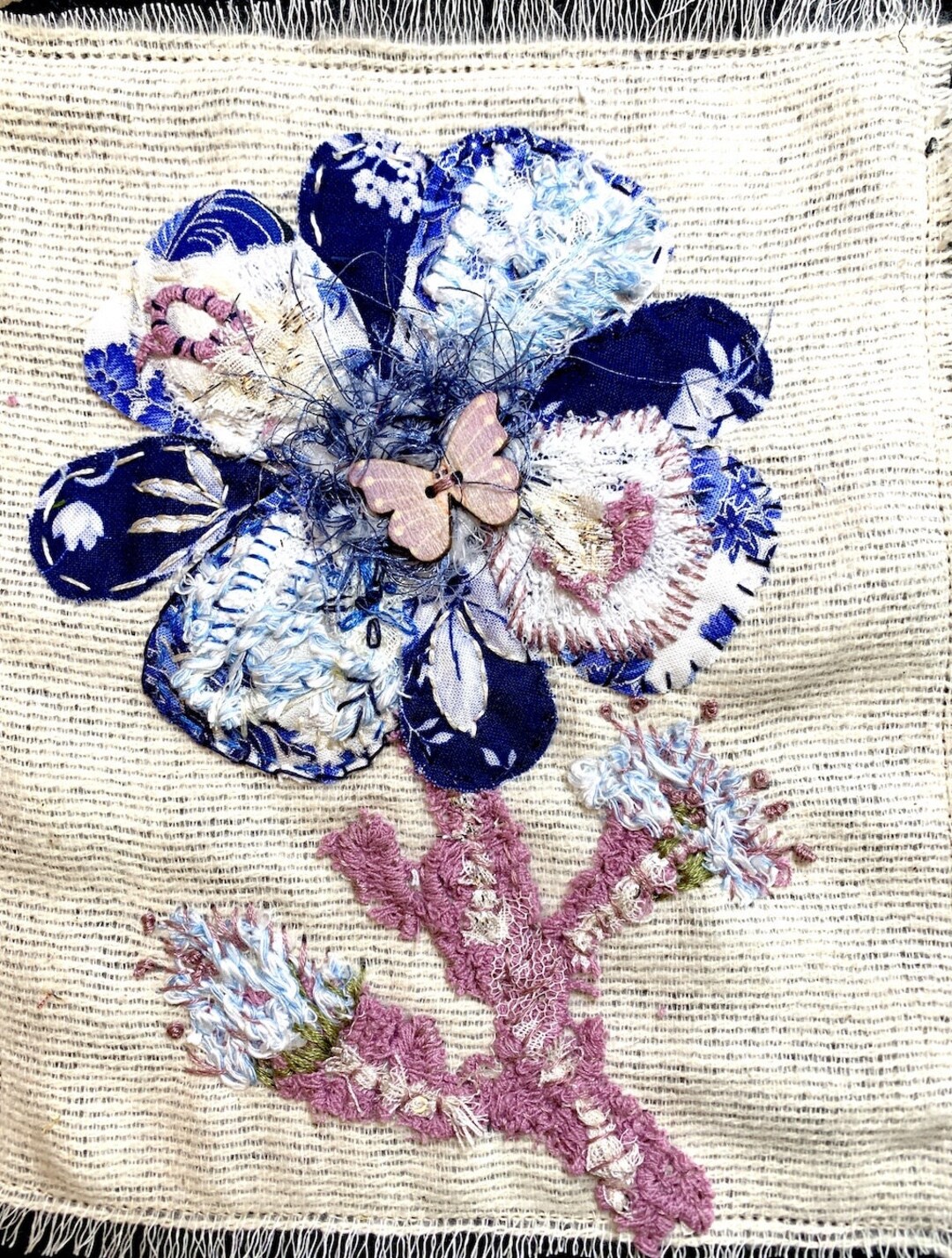 Blue Floral Slow Stitch Kit, Embroidery Kit, Hand Sewing Kit, Gift for