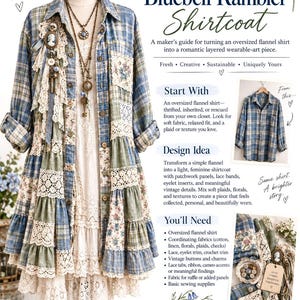 May include: A Bluebell Rambler Shirtcoat displayed on a mannequin, featuring a blue and green plaid flannel base with layered patchwork panels, cream-coloured lace trim, eyelet fabric inserts, and a floral print fabric, styled with a layered necklace.