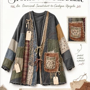 May include: A patchwork cardigan made from upcycled sweatshirt material featuring mismatched textiles in shades of grey, brown, and green. The garment includes dangling paper tags, visible stitching, and a pocket within a pocket design.