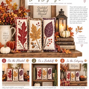 May include: Three rectangular fabric pillows featuring embroidered fall leaf designs in red, gold, and purple. Each pillow has a cream-colored base with visible stitching, frayed edges, and decorative berry accents. The set is displayed with seasonal decor.