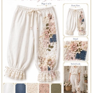 May include: Cream-colored bloomers featuring a drawstring waist and ruffled lace cuffs. The left leg displays a slow stitch collage of floral fabric patches, denim squares, and intricate lace embroidery. Text includes LUXE Upcycled Bloomers.