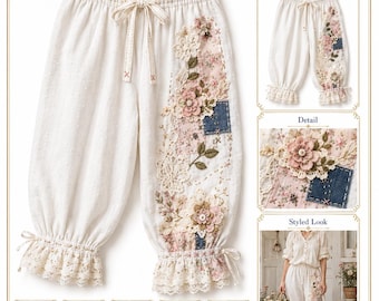 May include: Cream-colored bloomers featuring a drawstring waist and ruffled lace cuffs. The left leg displays a slow stitch collage of floral fabric patches, denim squares, and intricate lace embroidery. Text includes LUXE Upcycled Bloomers.