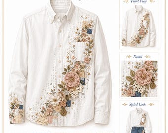 May include: A white button-down shirt featuring a slow stitch collage of floral embroidery, lace patches, and denim accents. The design includes pink and cream fabric flowers, gold-toned charms, and visible running stitches across the front and cuffs.