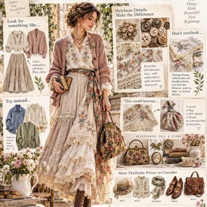 May include: An upcycled ensemble inspiration guide titled Thrifted Heirloom Core, featuring a collage of clothing, accessories, and styling tips. The layout includes images of a layered outfit, vintage buttons, lace, floral textiles, and a color palette.