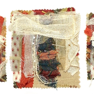 May include: Three abstract textile art pieces. Each piece features a collage of fabrics in various textures and colors, including red, beige, and dark blue. The pieces are arranged against a white background, highlighting the intricate details.