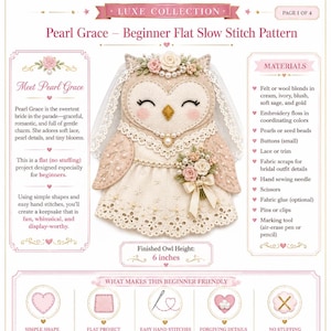 May include: A craft pattern sheet titled LUXE Owl Fashion Parade featuring Pearl Grace, a flat owl bride design. The owl is made of cream, ivory, and blush felt with lace, pearls, and floral accents. The finished owl height is 6 inches.