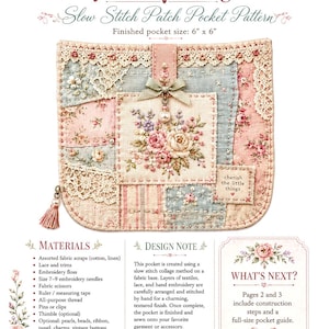 Könnte beinhalten: Ein Shabby Chic Collage Pocket Näh-Schnittmuster für eine aufgesetzte Tasche mit einer fertigen Größe von 15,24 cm x 15,24 cm. Das Design umfasst florale Stoffreste, Spitze, Stickereien, eine Schleife, einen Perlenanhänger und eine Quaste.