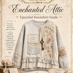 May include: A light gray sweatshirt featuring patchwork details including floral fabric, striped fabric, and white lace trim. A bronze-colored key hangs from the neckline. Text on the garment reads: Saved & Reimagined Made to be Loved.
