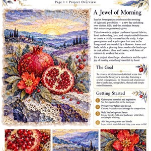 Könnte beinhalten: Ein Textilkunstprojekt mit dem Titel Crimson Dawn Scarlet Pomegranate, das eine geschichtete Stofflandschaft mit Sonnenaufgang über Hügeln, einem ganzen und einem aufgeschnittenen Granatapfel, einer roten Blüte, Spitzenbesatz und Anleitungen zeigt.