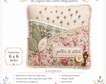 Meadow Keepsake Pin Cushion Maker's Guide, 6x6 Slow Stitch Collage, Floral Pocket Sewing Project