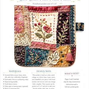 May include: A square fabric collage pocket featuring a mix of velvet, linen, and lace patches in shades of burgundy, teal, and gold. The design includes hand-stitched floral embroidery, decorative lace appliqués, and a small pink tassel.