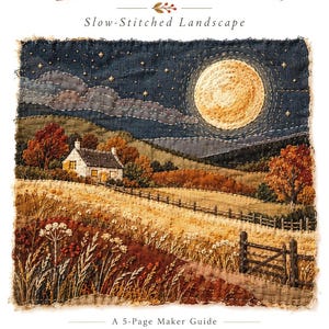 May include: A textile art piece titled Harvest Moon Slow-Stitched Landscape featuring a dark blue night sky with a large golden moon, a small white cottage, autumn-colored trees, golden fields, and a wooden fence, with text A 5-Page Maker Guide.