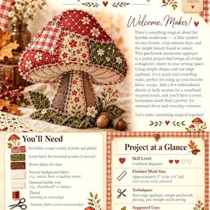 Może przedstawiać: Poradnik krawiecki zatytułowany Patchwork Mushroom Raw-Edge Applique Maker's Guide. Zawiera materiałowy grzyb z czerwonymi, zielonymi i kwiatowymi łatami, instrukcje, listę materiałów oraz przegląd projektu o wymiarach 12,7 cm na 15,2 cm.