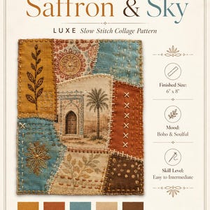 Könnte beinhalten: Ein Saffron & Sky Luxe Slow Stitch Collage-Muster mit einem rechteckigen Stoff-Patchwork-Design, bestickten botanischen Motiven, einer zentralen Architekturszene mit einer Palme und einer fertigen Größe von 15,24 cm mal 20,32 cm.
