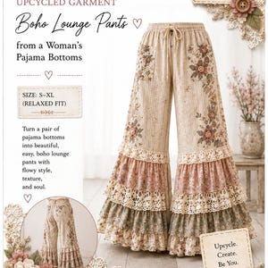 May include: Beige lounge pants featuring a floral pattern, an elastic drawstring waistband, and three tiers of ruffles at the hem. The ruffles alternate between floral fabric and cream-colored lace. A smaller inset shows the back view of the pants.