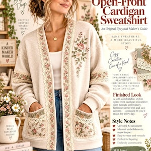 May include: An oatmeal-colored open-front cardigan sweatshirt featuring floral fabric trim along the front edges and pockets, accented with cream-colored lace. The garment includes floral embroidery on the upper left chest and sleeve cuffs.