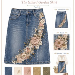 May include: A blue denim skirt featuring a diagonal collage of fabric patches, lace, and floral embroidery. The design includes stitched details, fabric swatches in denim, cream, blush, gold, and olive, and text reading LUXE Upcycled Denim Skirt.