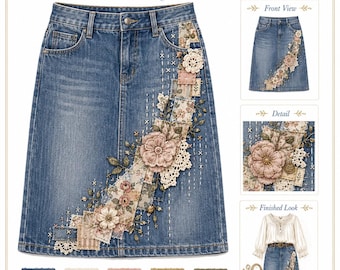 May include: A blue denim skirt featuring a diagonal collage of fabric patches, lace, and floral embroidery. The design includes stitched details, fabric swatches in denim, cream, blush, gold, and olive, and text reading LUXE Upcycled Denim Skirt.