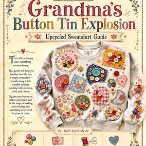 Pode incluir: Uma camisola cinzenta clara decorada com vários remendos de tecido e botões coloridos. O texto diz: Worn With Charm Studio, Grandma's Button Tin Explosion, Upcycled Sweatshirt Guide e Inspiration. O design apresenta padrões florais e xadrez.