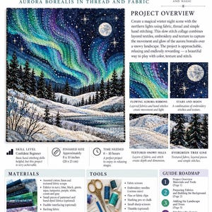 May include: A Northern Lights slow stitch collage guide featuring a fabric art project with green, blue, and purple aurora borealis over a snowy landscape with evergreen trees, a moon, and stars, including sections for materials, tools, and a project overview.