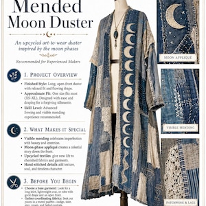 May include: A long, open-front duster coat featuring a patchwork design of blue, gray, and cream fabrics. The garment displays visible mending stitches, lace inserts, and a vertical row of moon phase appliqués along the front opening.