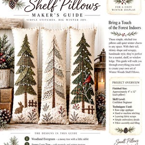 Op de afbeelding: Een Winter Woods Shelf Pillows handleiding met drie hoge, rechthoekige kussens met boomontwerpen. De kussens meten 10 cm bij 30 cm en bevatten motieven van een konijn, een kardinaal en besneeuwde kanttexturen op de stof.