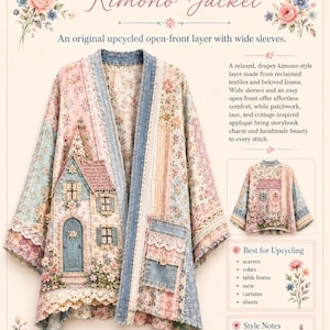 May include: A Blue Cottage Kimono Jacket featuring an open-front design with wide sleeves. The garment is constructed from patchwork fabric in floral patterns, lace trim, and a detailed applique of a house with a blue door and pink roof.