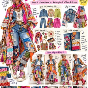 May include: An upcycled ensemble inspiration guide titled Dopamine Scrap Core featuring a collage of outfits with patchwork denim, floral embroidery, crochet details, and colorful textiles. The guide includes styling tips, fabric swatches, and various layered clothing combinations.