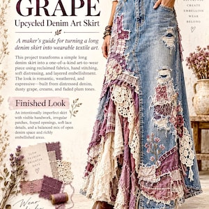May include: A long denim skirt featuring distressed patches, frayed openings, and layered embellishments in shades of dusty grape, cream, and plum. The skirt includes intricate hand-stitched details, lace accents, and floral embroidery, creating a textured, layered appearance with a mix of open denim and heavily decorated sections.