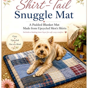 May include: A rectangular pet mat made from a patchwork of blue, white, and red plaid and denim fabric squares. A small dog with a plaid bowtie rests on the mat. The mat features a visible denim pocket with a button and a dark blue border.