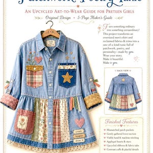May include: A Patchwork Poetry Tunic sewing guide featuring a blue denim shirt with mismatched fabric pockets, star and heart appliqués, floral patterns, lace trim, and ribbon tabs. The guide includes a 5-page maker's manual and back view.