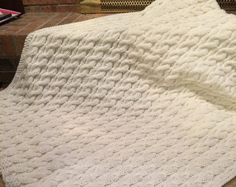 Cable Knitted, Reversible, Soft White Afghan