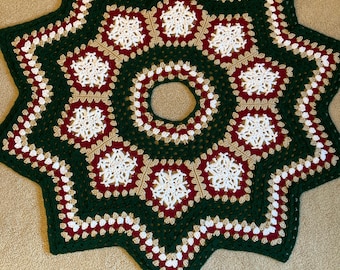 Hand crocheted Christmas Tree Skirt using non-metallic yarn