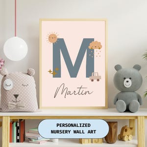 Personalized Boy Initial Nursery Wall Art - Baby Boys Room Art