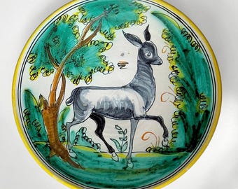 Vintage Spanish Majolica Ceramic Dish — Hand-Made/Painted Deer in Forest, El Puente del Arzobispo, Toledo — Signed "M.A."