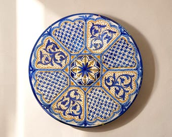 Vintage Spanish Talavera de la Reina Majolica Plate — Handmade, Blue & Orange Design,  Marked "Spain"