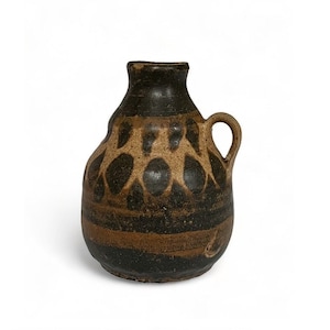 Vintage Handmade Stoneware Vase with Handle, Ceramic Art Pottery Vase/Pitcher, Earth-tone, Matte Glaze Brown and Beige, circa 1970s