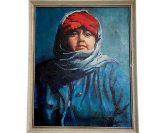 Original Portrait Painting of Woman in Blue by Arlene Sklar, Signed Painting, Framed Canvas, Mid Century Artwork circa 1970s