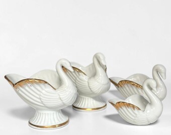 Set of Vintage Royal Kendall Fine Bone China Swans, Gold-Trimmed - Open Salt Cellars & Candle Holders -Made in England