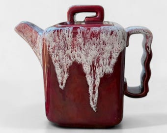 Vintage Modernist Square Teapot by Gonder Original #914 — "Flame" Red Drip Glaze, Mid-Century American Art Pottery, c. 1940s–50s