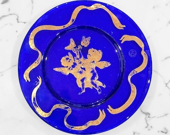Vintage Cristallerie Cobalt Blue & 24K Gold Cherub Glass Charger Plate, Made in Italy circa 1980s