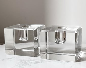 Pair of Vintage Modernist Crystal Cube Taper Candleholders — c. 1970s–80s