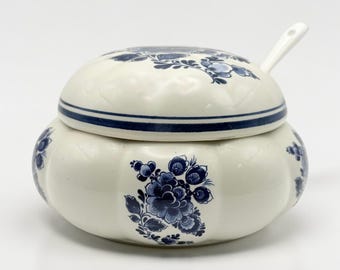 Vintage Delft Blue Blumenmuster Keramik Zuckerdose mit Deckel & Löffel, Made in Holland