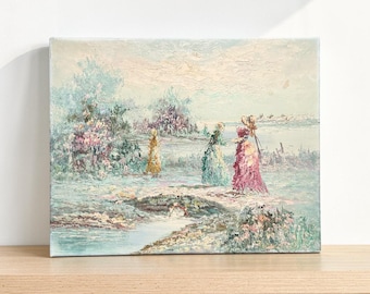 Vintage Original Impasto Ölgemälde "Ladys on the Beach" Viktorianische Figuren in Landschaft, Französische Schule, um 1960er Jahre