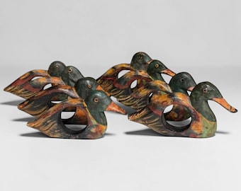 Set of 8 Vintage Hand-Carved Wood Mallard Duck Napkin Rings, Hand-Painted Duck Rings - Rustic Cabin, Country Kitchen, Folk Art Decoy, 1970s