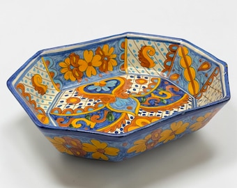 Vintage Talavera Art Pottery Schüssel - Handgemachter achteckiger mexikanischer Volkskunstteller mit Blumenmotiv