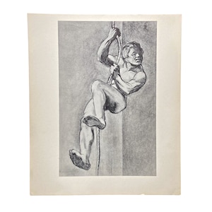 Antieke full size print van een man die aan touw hangt, schets door Samuel Thal in de stijl van Daumier, circa 1930s, TAT Personality Test Card