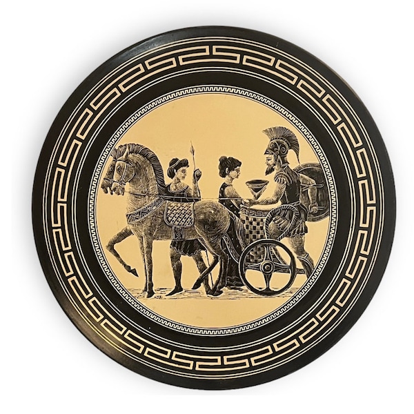Ancient Greek Pottery Charger/Wall Hanging, Clay Plate with Departure of Warrior Scene, Athens Museum Replica, Terra Cota Reproduction